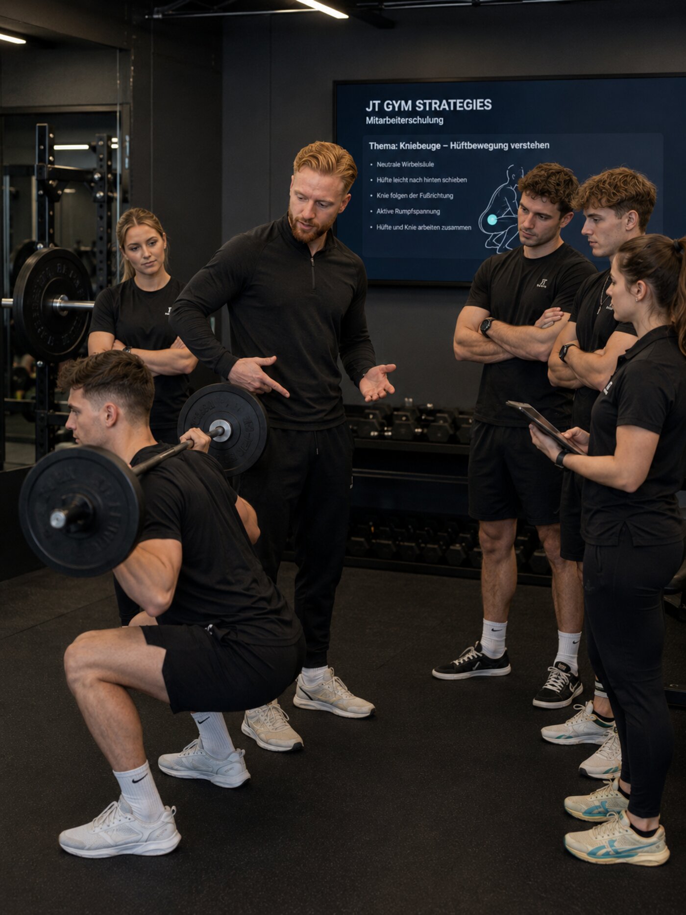 Justus Thielen schult ein Studioteam auf der Trainingsfläche, Thema Kniebeuge